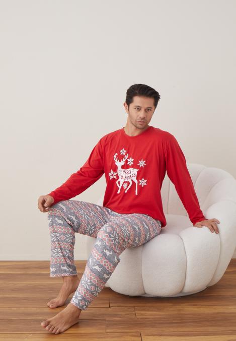 Pijama barbati Craciun " MERRY CHRISTMAS" maneca lunga ,pantaloni lungi,Culoare Rosu Engros
